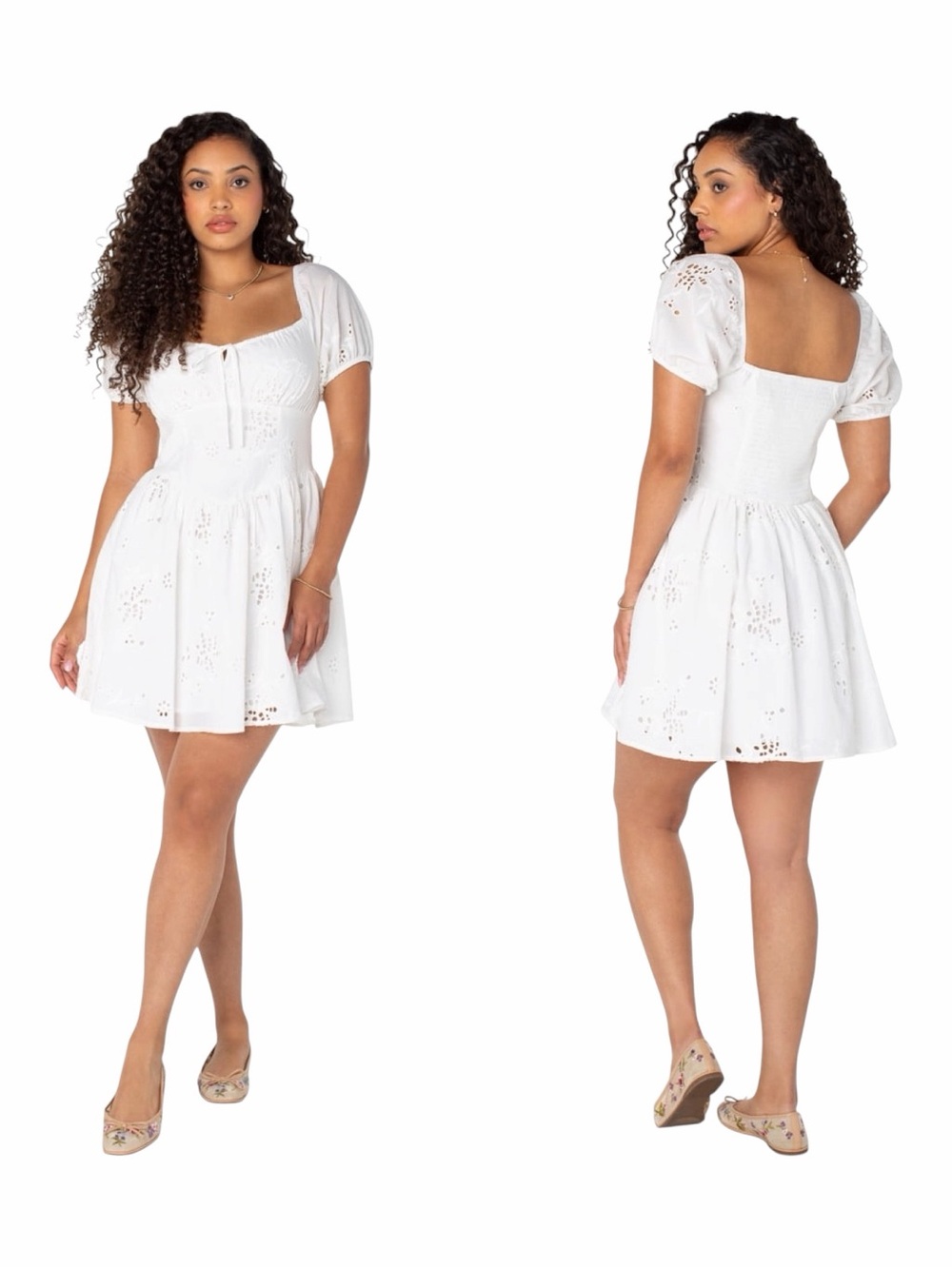 CELEBRITY PINK x BRIDGERTON White Cotton Eyelet Puff Sleeve Mini Dress. Large.